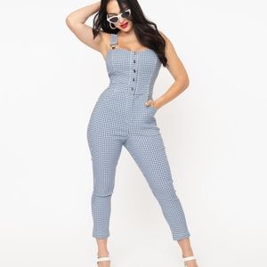 Unique Vintage Blue & White Gingham Eartha Jumpsuit - XL/14